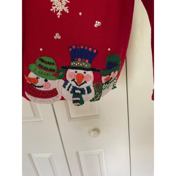 Tiara Petites Red Ugly Christmas Sweater Snowman Snowflake Applique Sequin Pearl - Picture 6 of 9